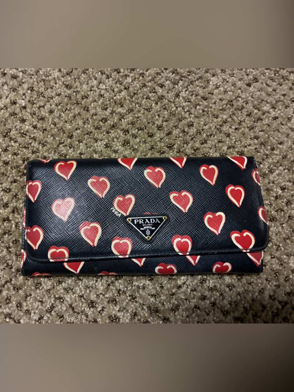 Prada limited edition Navy full size snap Wallet with Red and Cream Heart Print